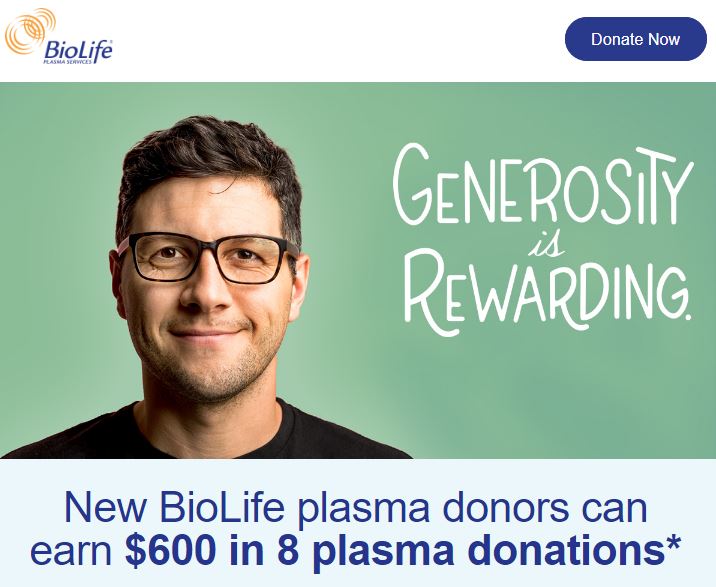 BioLife Coupon $600 in 8 plasma Donations
